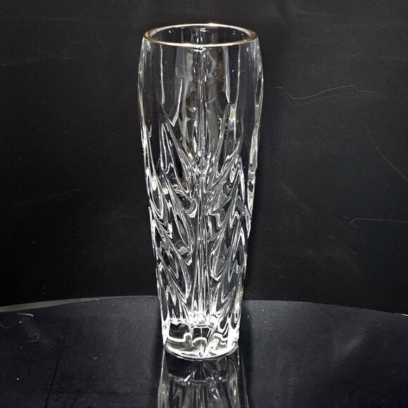 Gorham Crystal Star Blossom Flower Vase 7" blown glass gold rim heavy cut leaves - Picture 2 of 7